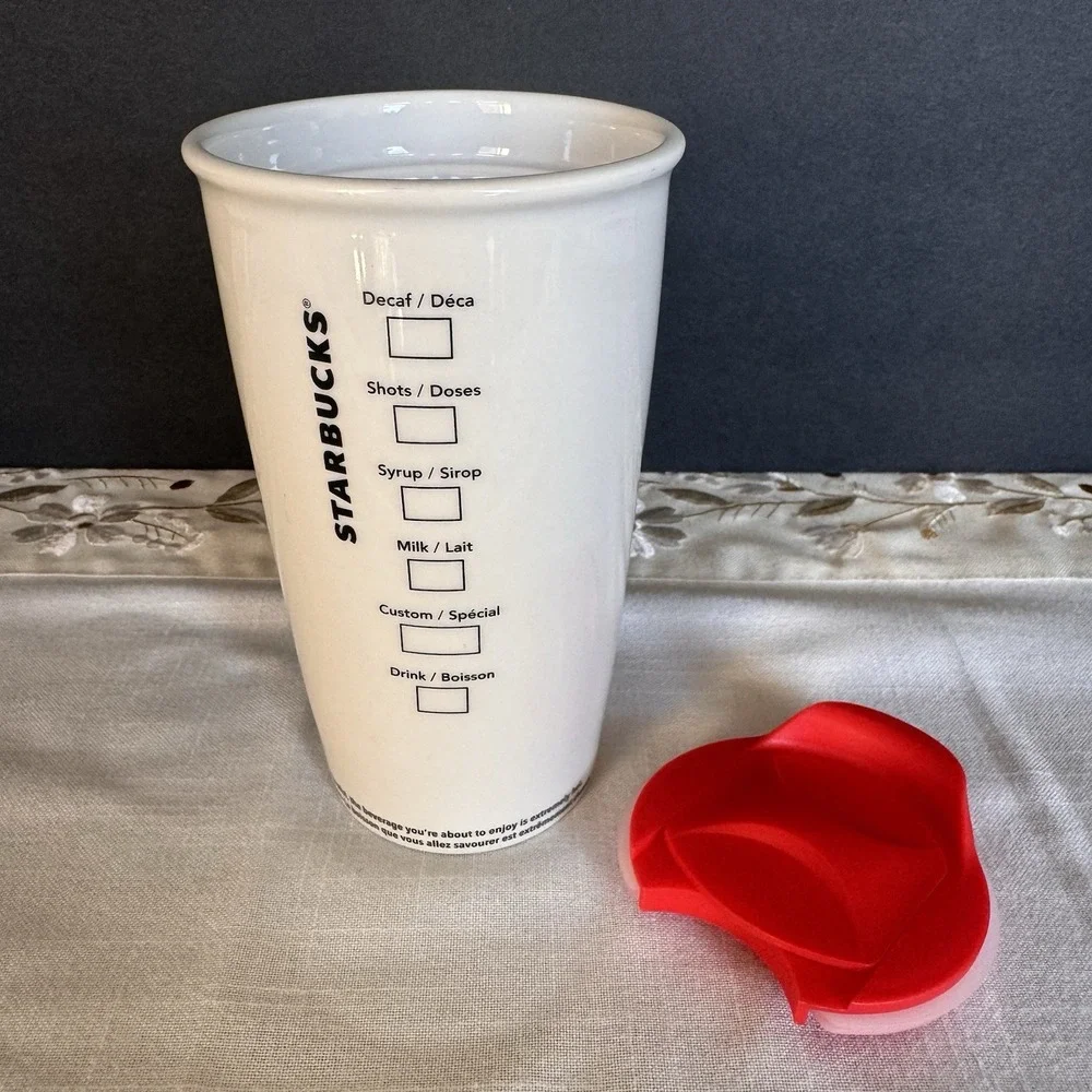 Starbucks Tumbler Ceramic Travel Coffee Mug White 12 Oz with Red Generic Lid